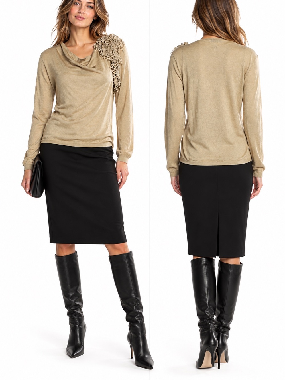 Valentino Beige Draped Cowl Neck Embellished Cotton Knit Sweater Top L NWT